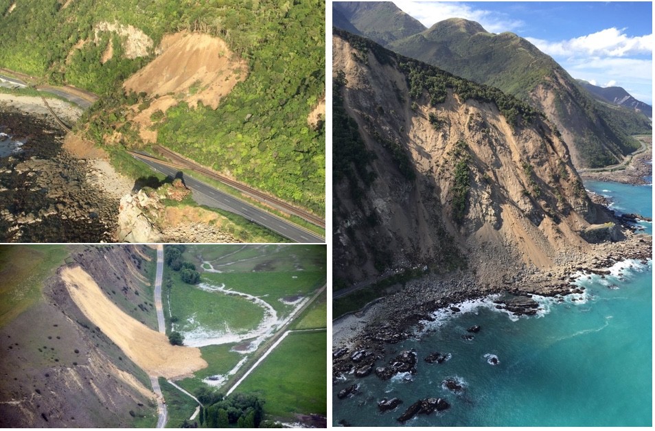 图15：地震引发的滑坡，造成大量地表破坏及铁路公路损坏。来源：GNS和Marlborough Emergency